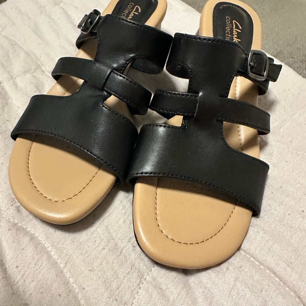Clarks Black and Tan Leather Slides